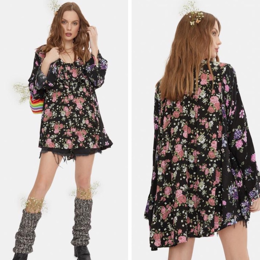 NWT FREE PEOPLE Loretta Tunic Top Dark Combo Printed Size Small